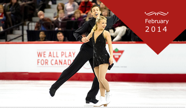 Canadian Olympic pairs figure skaters Dylan Moscovitch and Kirsten Moore-Towers on an indoor ice surface. “February 2014” is written in the top right-hand corner